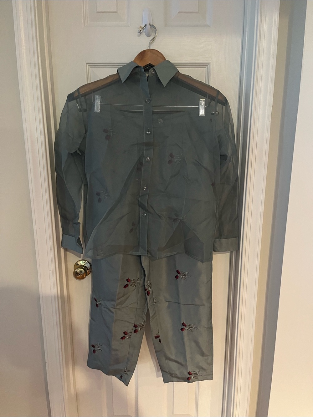 Silks by I.S.C. Sage Embroidered Button-Down Shirt, Pants, and Sleeveles Top
